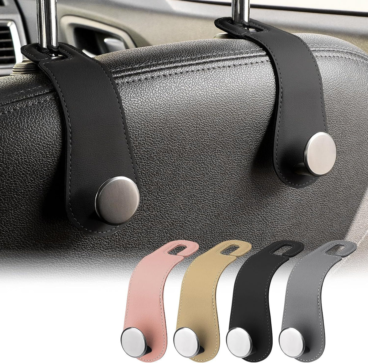 2 Pack Car Headrest Hooks Leather & Alloy Car Seat Storage Hangers, Black
