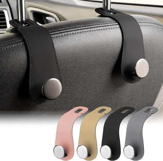 2 Pack Car Headrest Hooks Leather & Alloy Car Seat Storage Hangers, Black