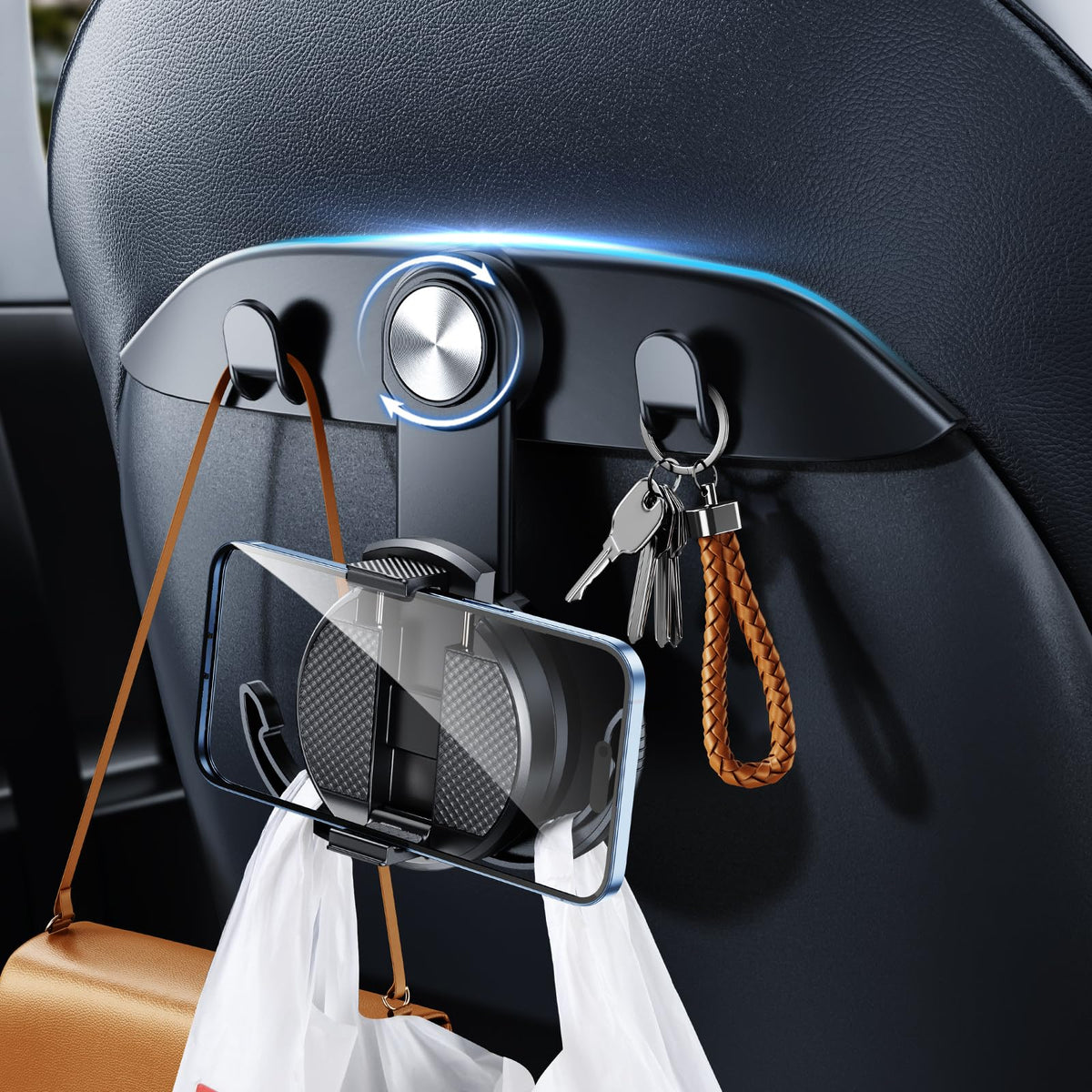 1 Pack Car Seat Hooks & Magnetic Phone Holder for Tesla Model Y(Juniper) Model 3(Highland) Accessories 2026 2025 2024 2023 2022 2021, Car Seat Back Storage Purse/Bag/Hat Hook for iPhone