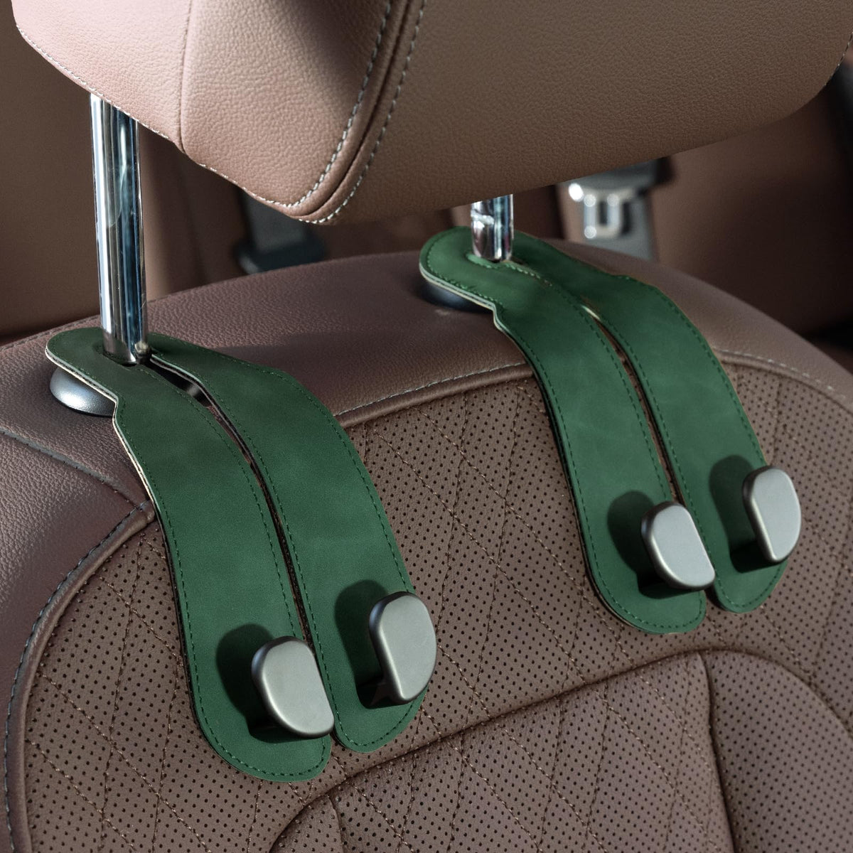 CoBak Purse Hook for Car - Universal Premium Stitched Leather and Aluminum-Magnesium Alloy Double Car Seat Back Storage Hook for Purses, Handbags, Bags (2 Pack),Black