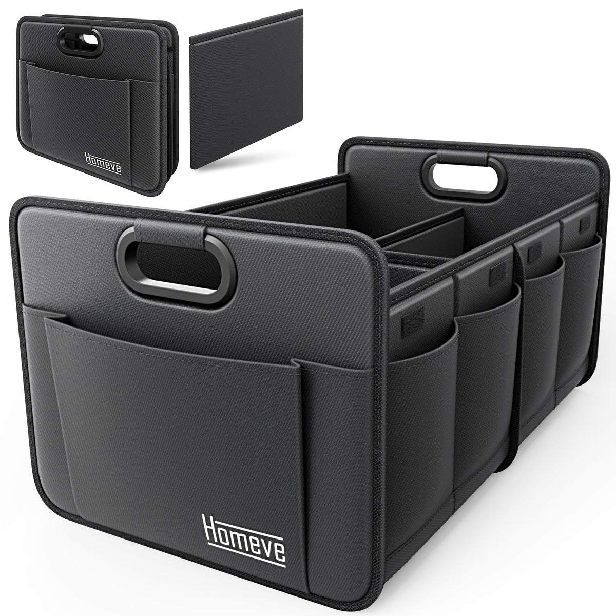 Homeve Car Trunk Organizer for SUV, 18.5Gal Large Capacity No-Sag Heavy Duty, Foldable Waterproof Anti-Slip Storage with 12 Pockets, Fit Sedan,Truck, Universal Car Accessories, Black, Large, 2 Compart