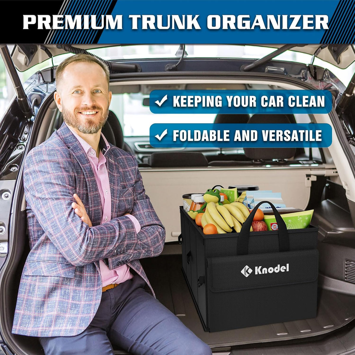 K KNODEL Trunk Organizer with Lid for Car, SUV, and Truck (Medium, Black)