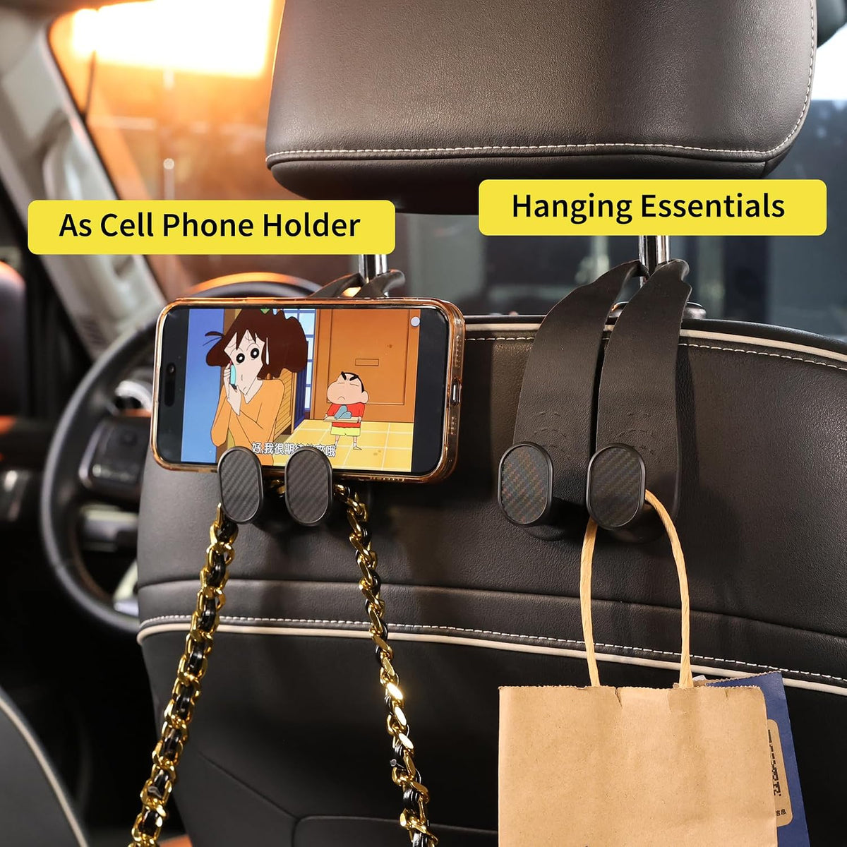 WEIHAO Purse Hook for Car Headrest, Silicone Car Seat Back Storage Hook, Twin Hooks Carbon Fiber Textured Car Headrest Hangers, Bag Holder for Sedan, Trucks, SUVs, Most Vehicles (Black-2PCS)