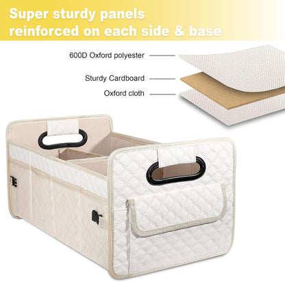JiatuA Car Trunk Organizer for SUV, Car Storage Organizer Collapsible Multi Compartment Container Box Adjustable Car Accessories for Women Men, Beige