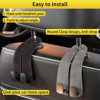 WEIHAO Purse Hook for Car Headrest, Suede Car Seat Back Storage Hook, Aluminum Twin Hooks Leather Car Headrest Hangers, Bag Holder for Sedan, Trucks, SUVs, Most Vehicles (Black-2PCS)