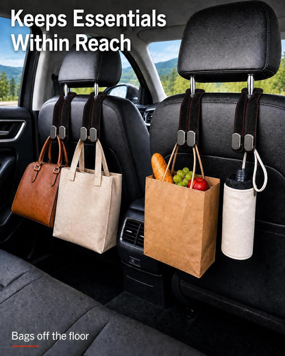 Car Headrest Hooks, 2 Pack Suede Leather Seat Hooks for Purses and Bags, Dual Hook Purse Holder for Seat Back and Passenger Glove Box, Universal Hangers for Handbags, Coats, Groceries, Black