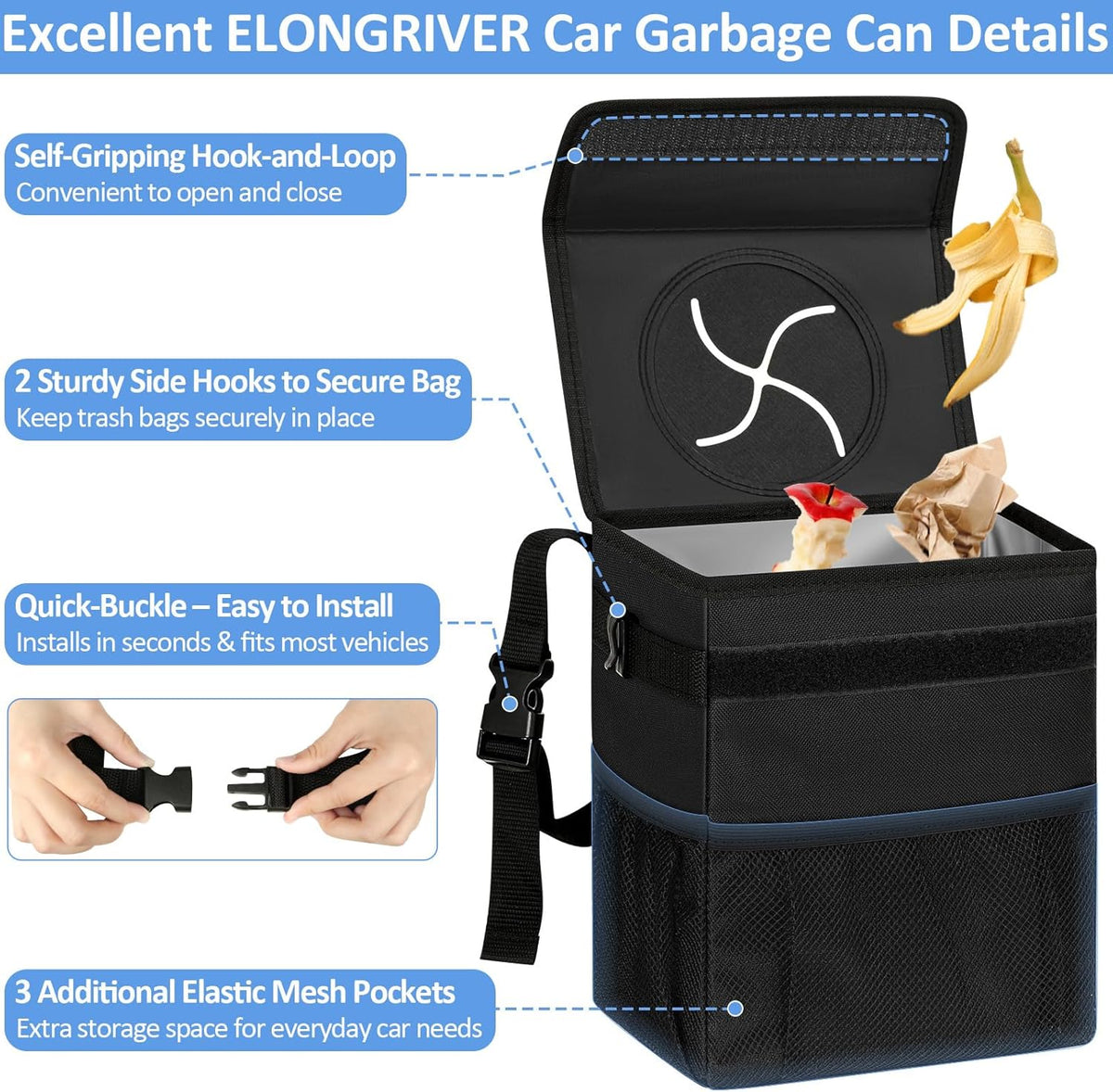 ELONGRIVER Leak Proof Car Trash Can with Lid Black