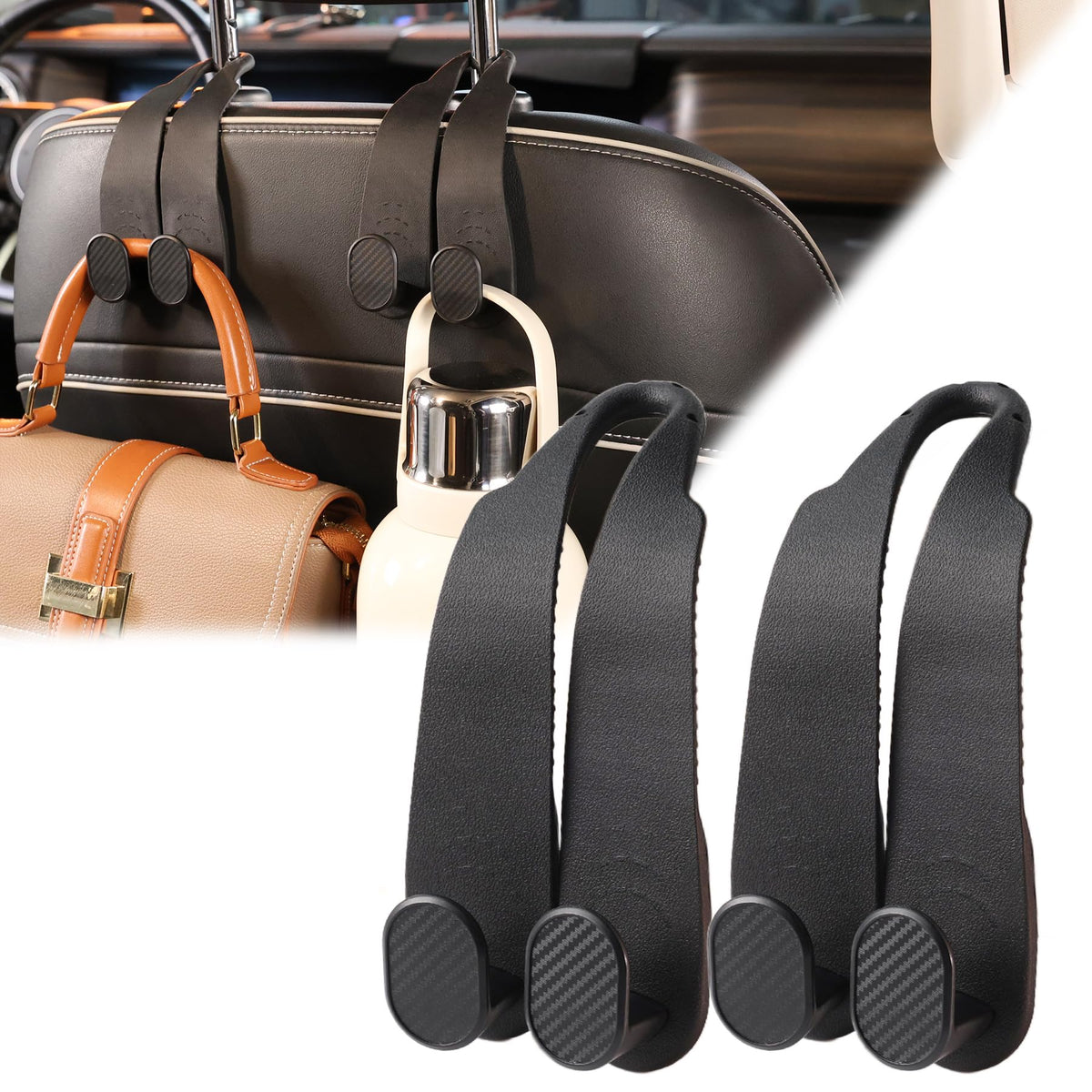WEIHAO Purse Hook for Car Headrest, Silicone Car Seat Back Storage Hook, Twin Hooks Carbon Fiber Textured Car Headrest Hangers, Bag Holder for Sedan, Trucks, SUVs, Most Vehicles (Black-2PCS)