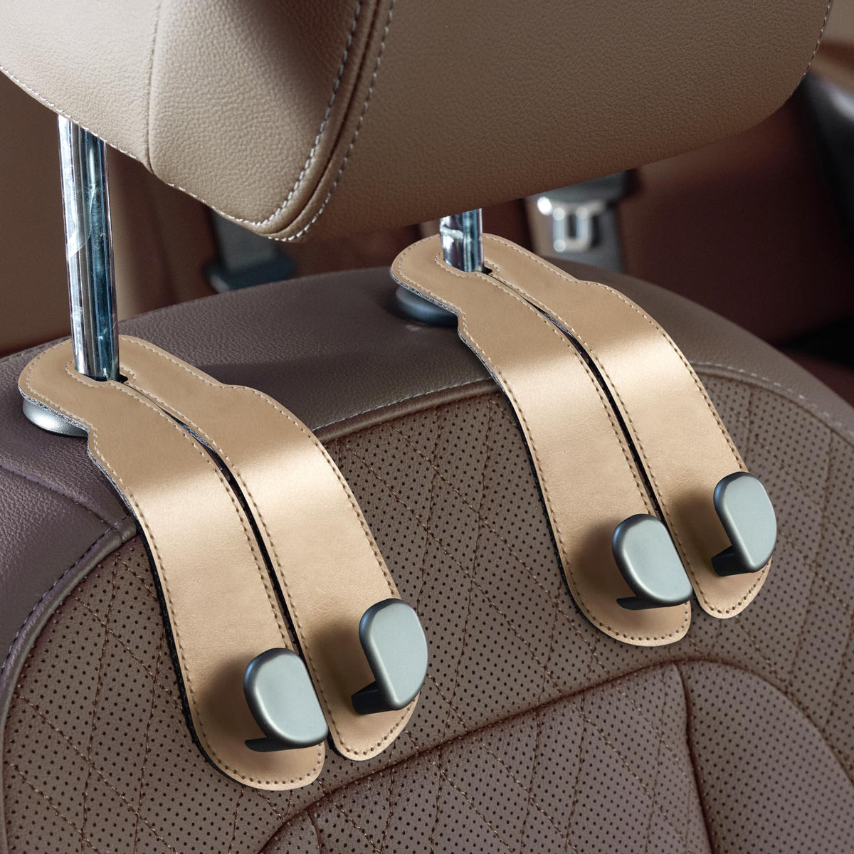 CoBak Purse Hook for Car - Universal Premium Stitched Leather and Aluminum-Magnesium Alloy Double Car Seat Back Storage Hook for Purses, Handbags, Bags (2 Pack),Black