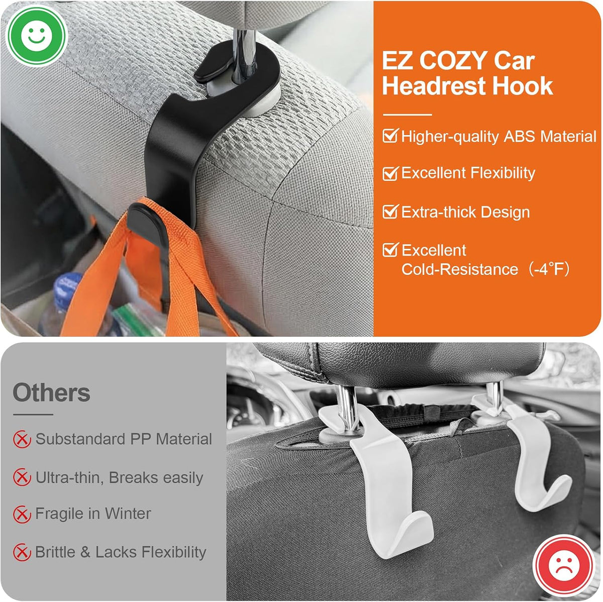 EZ COZY Purse Hook for Car 4 Pack, Deep Anti-Drop Car Seat Hooks for Headrest, Thick ABS Plastic Holds 55 Lbs, Heavy Duty Car Purse Holder & Car Accessories Interior for Handbags, Car Organizer Black