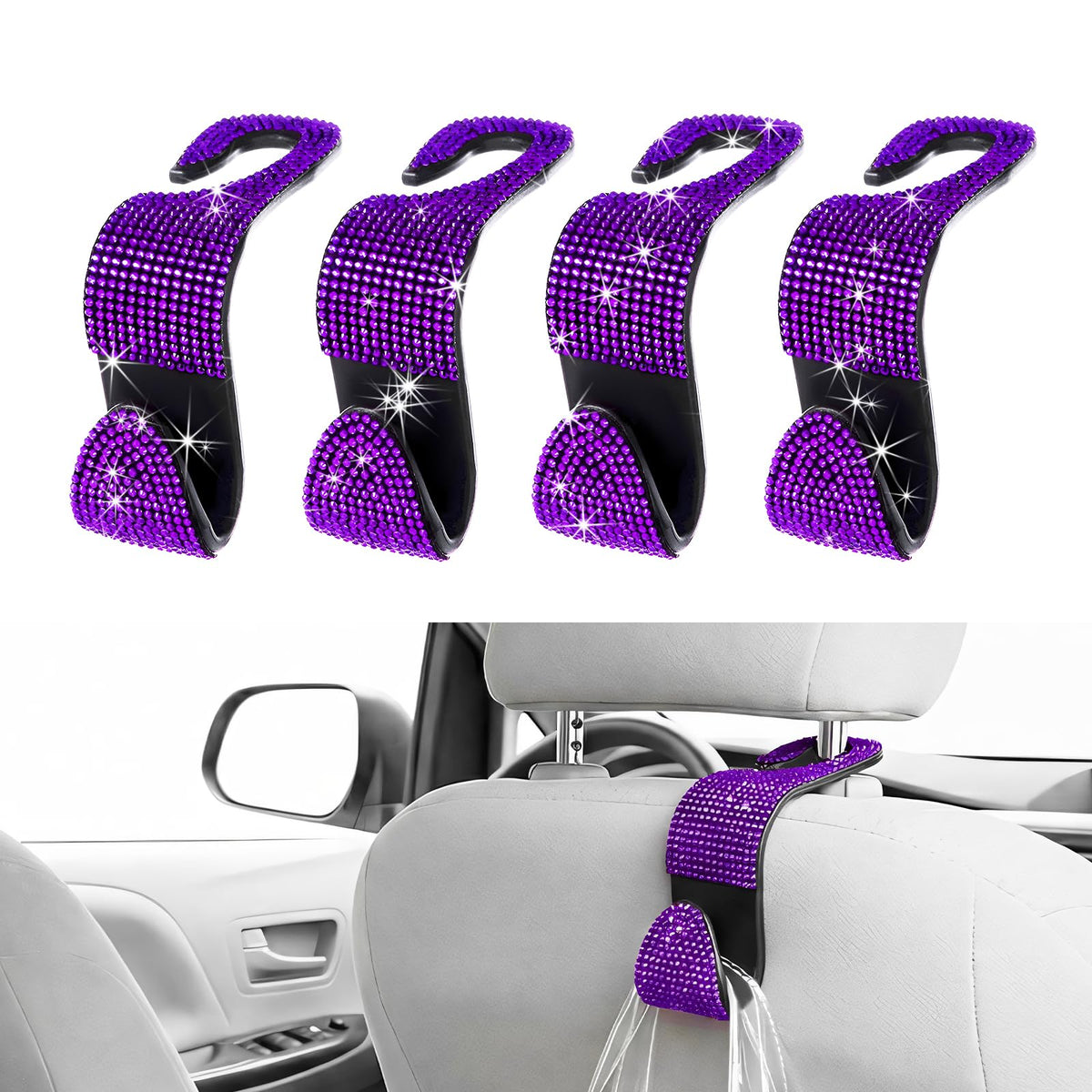 4 PCS Car Seat Headrest Hook, Crystal Rhinestone Seat Hanger Auto Interior Purse Holder, Bling Vehicle Backseat Hangers for Grocery Bags Handbags Coats, Car Accessories (Silver)