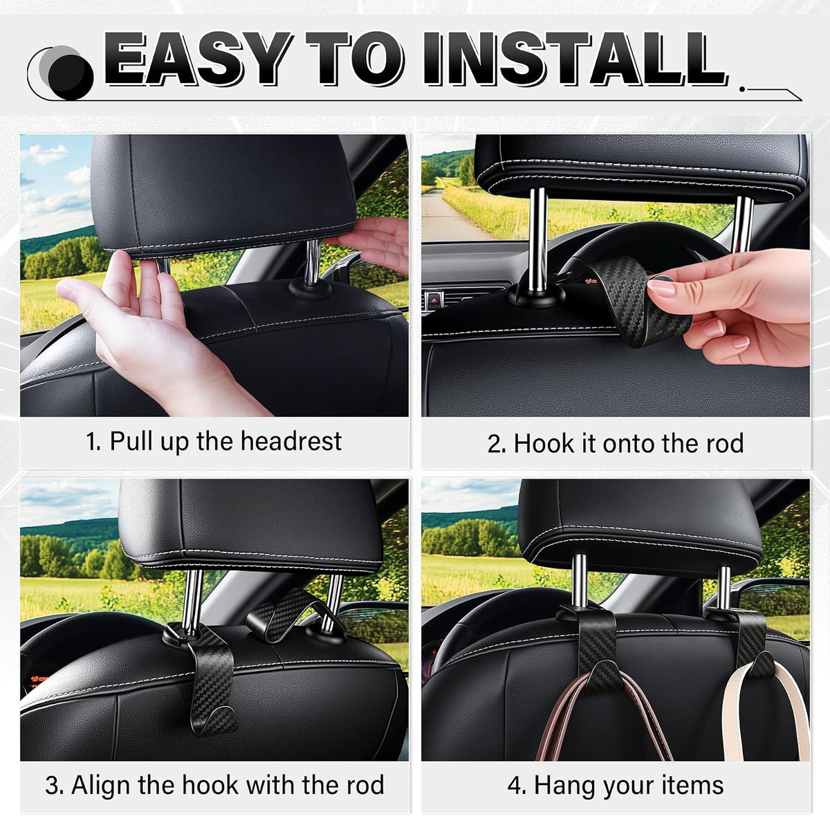 SINGARO Universal 4 Pack Car Seat Headrest Purse Hook, Carbon Fiber Back Seat Hook Storage Organizer Hanger for Purse Handbag Coat, Car Interior Accessories(Black)