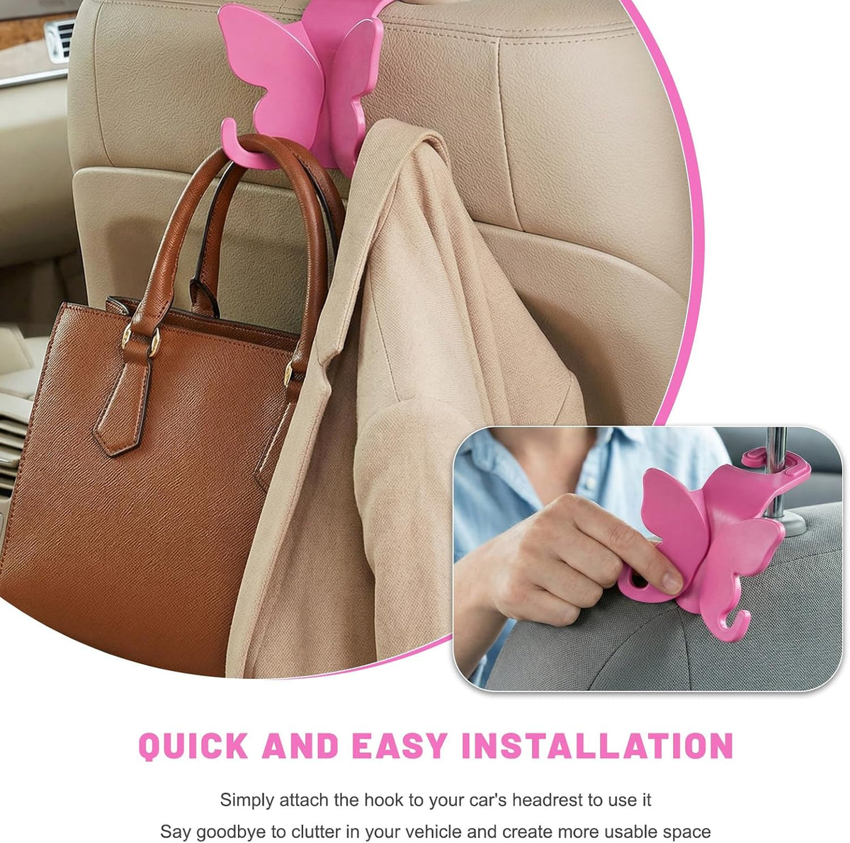 2 PCS Car Seat Headrest Hook, Butterfly Multipurpose Storage Hook Seat Back Purse Holder, Cute Butterfly Headrest Purse Hanger Interior Accessories for Car Truck SUV (Pink)
