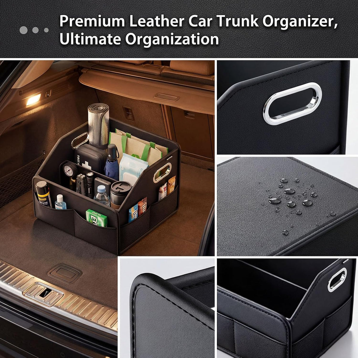 Car Front Seat Organizer - PU Leather Car Storage Box with Metal Handle, Divided Black Car Caddy Organizer for Truck/SUV/RV/Sedan, Universal Car Accessories for Trunk Front Back Seat