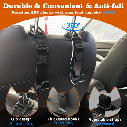 Amooca Anti-drop Car Headrest Hooks 4 Pack Seat Organizer for Bags