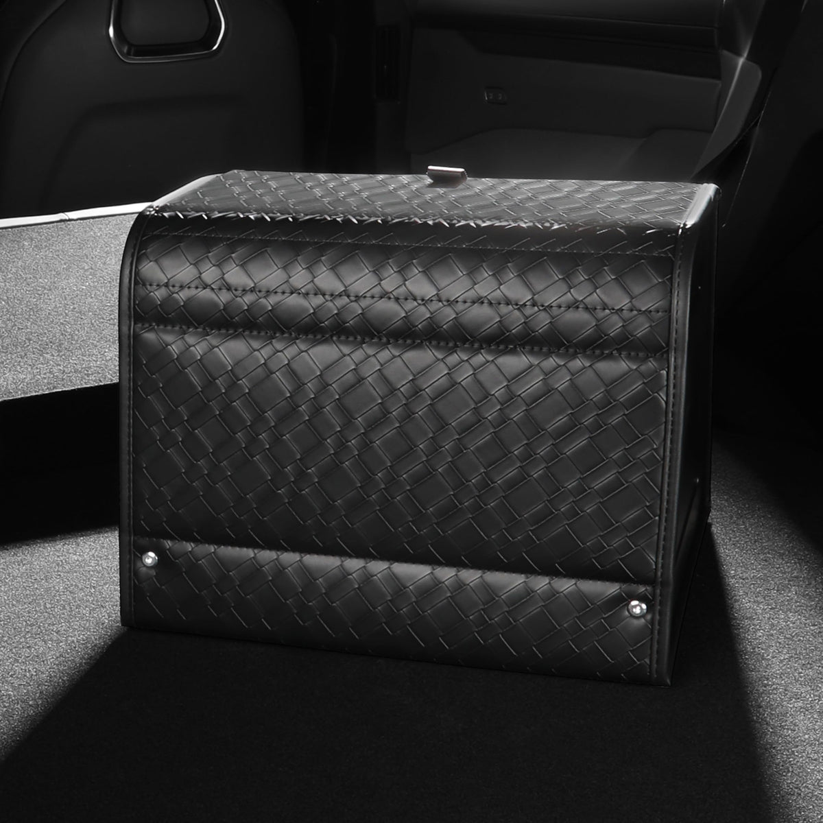 Trunk Organizer,car organizers and storage for suv,black Leather Storage Box with lid,Fiberboard,Collapsible(15''L x 13''W x 12.4''H,2K inches³)