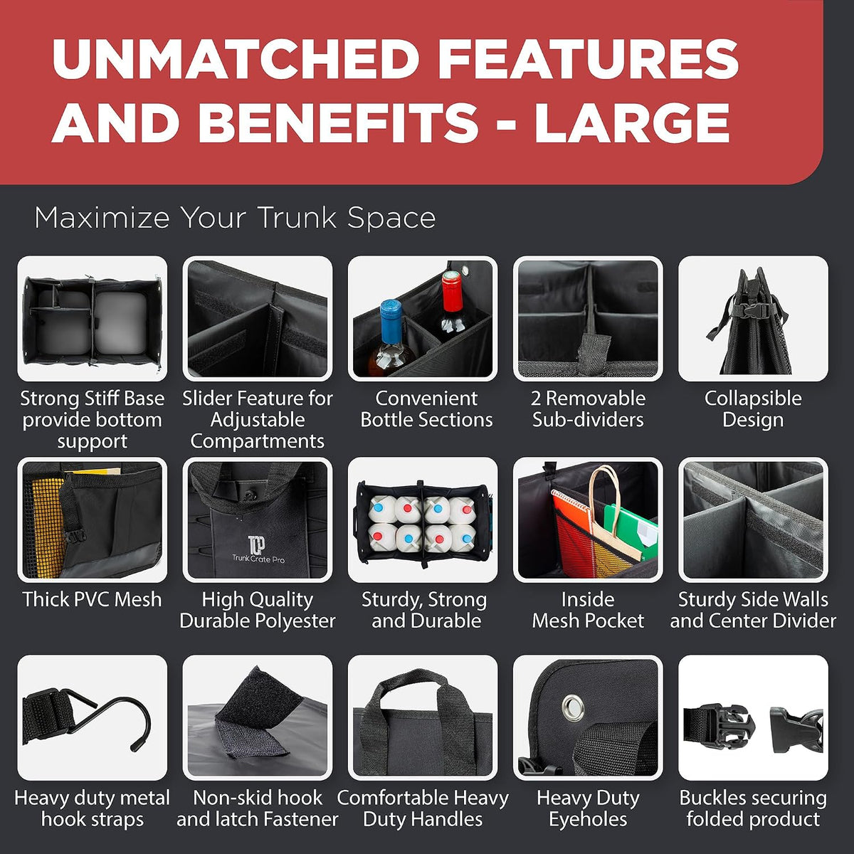 Car Trunk Organizer for SUV & Truck Cargo Storage, Large, Black