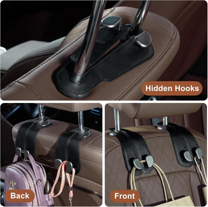CoBak Purse Hook for Car - Universal Premium Stitched Leather and Aluminum-Magnesium Alloy Double Car Seat Back Storage Hook for Purses, Handbags, Bags (2 Pack),Black