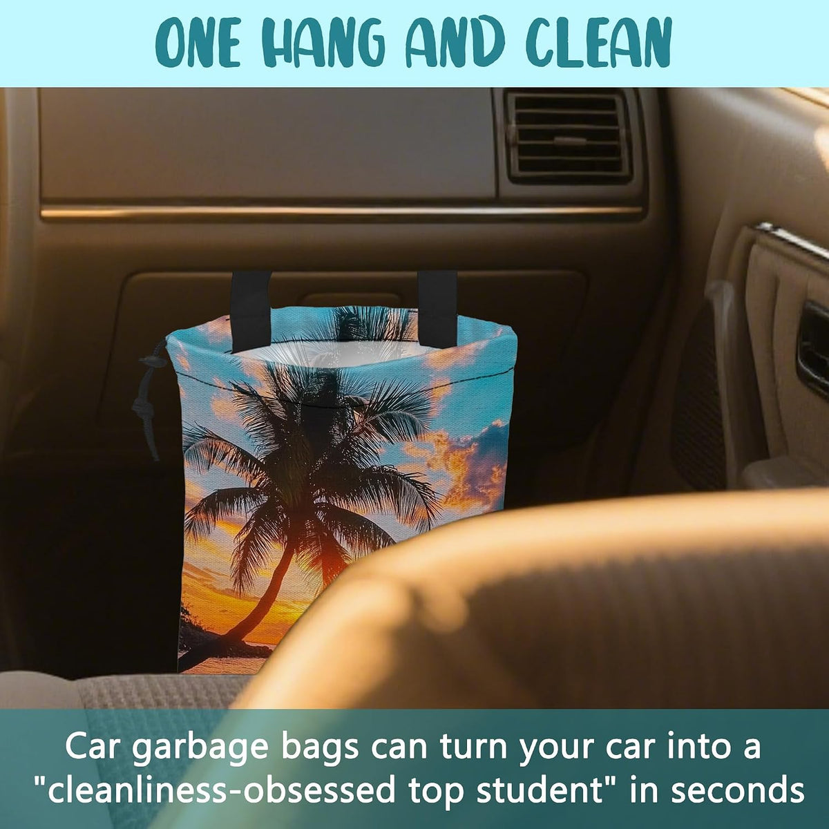 Car Garbage Bag Palm Tree Sunset at a Beach Hanging Canvas Car Trash Bag Drawstring Car Back Seat Organizer for Car Back Front Seat Console with Adjustable Buckle