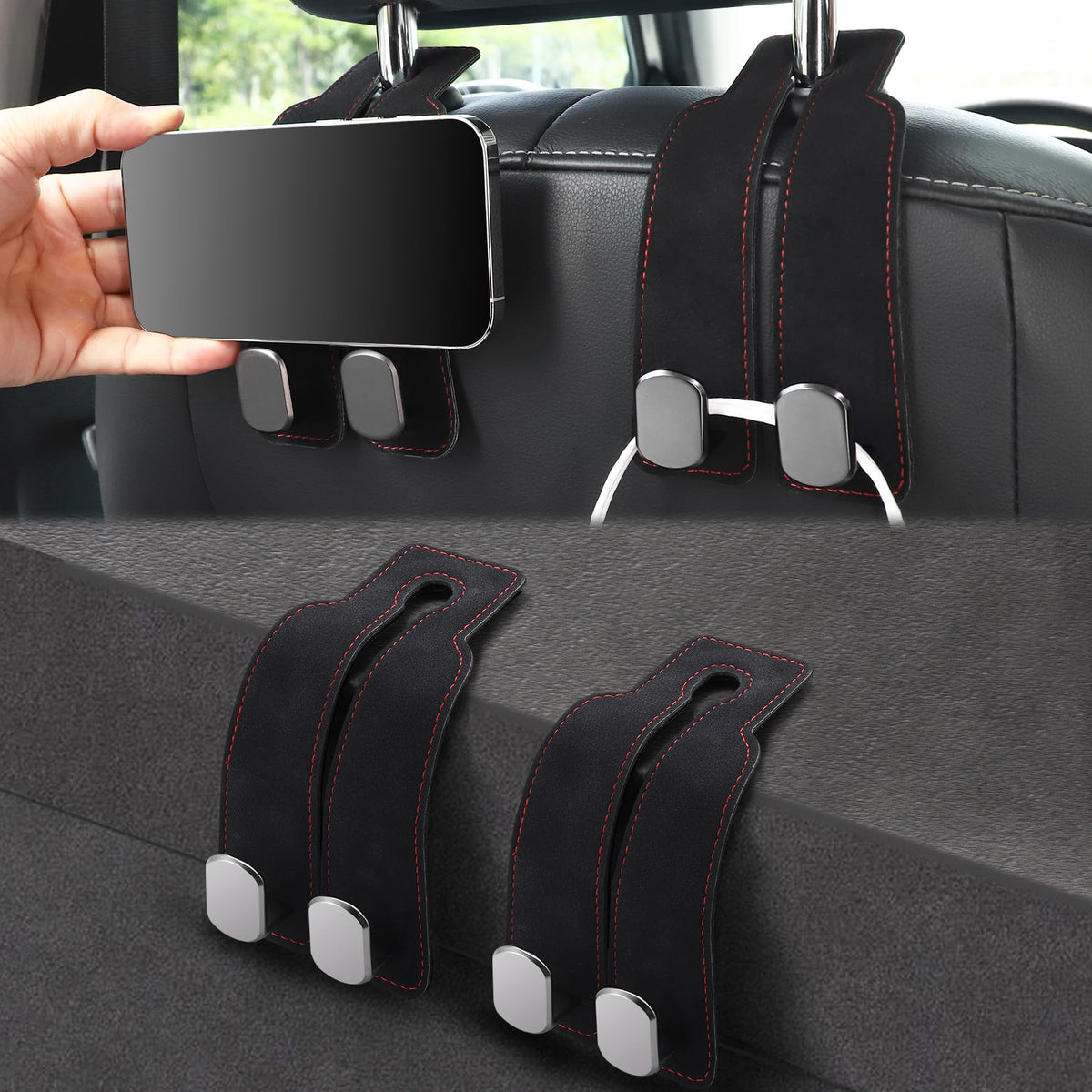 LivTee Headrest Purse Hook for Car, Seat Hook Hangers Storage Organizer for Bags and Coats Holder, Upgrade Leather Double Hook and Mobile Phone Holder for Universal Vehicle Car Accessories (Grey)