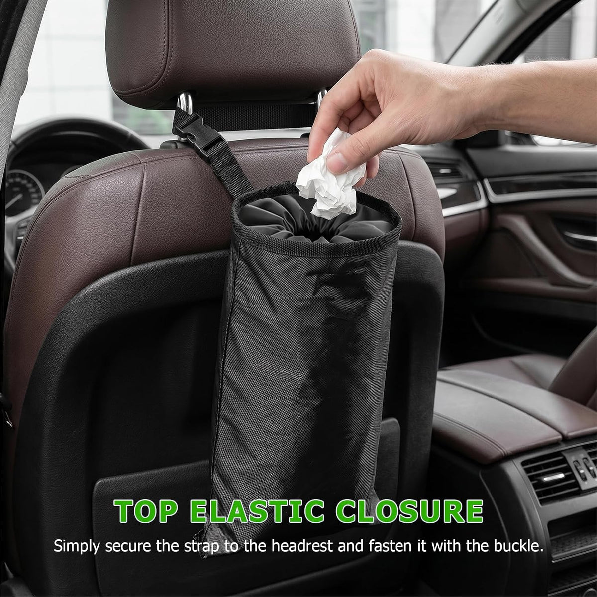 2 PCS Car Trash Bags, Washable Auto Garbage Bag with Elastic Vent & Sticky Strap Bottom Opening, Detachable Seat Back Garbage Container Trash Bin for Vehicle Home Outdoor
