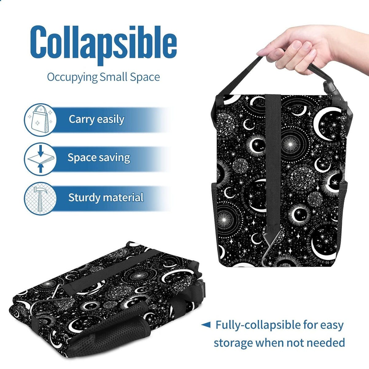Gothic Moon Stars Boho Car Trash Can with Lid - Collapsible Reusable Waterproof Car Garbage Bag - Organizer