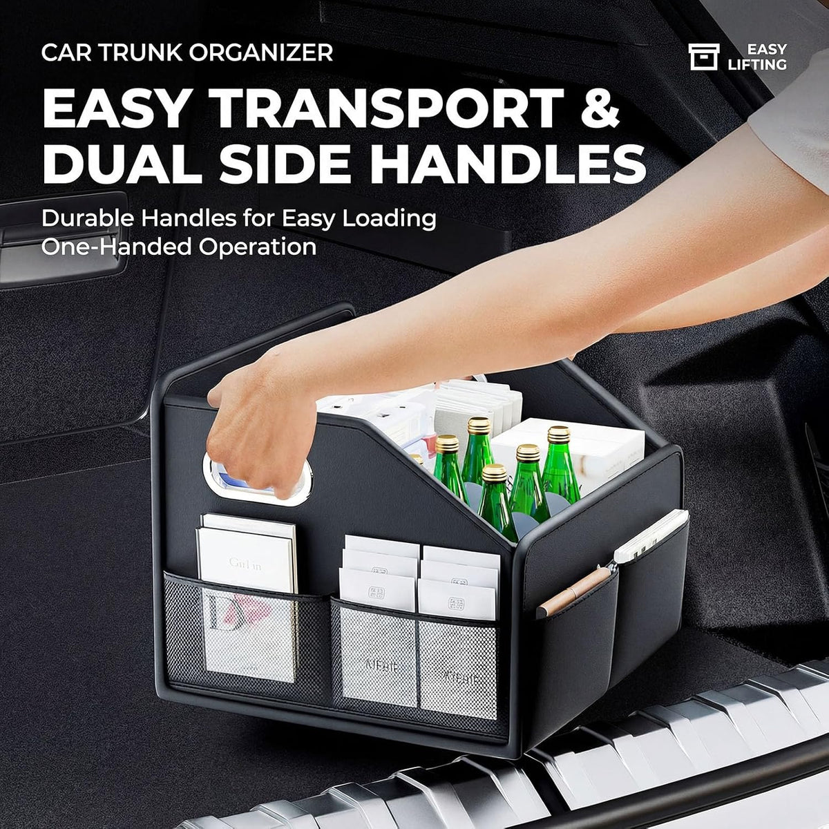 Car Front Seat Organizer - PU Leather Car Storage Box with Metal Handle, Divided Black Car Caddy Organizer for Truck/SUV/RV/Sedan, Universal Car Accessories for Trunk Front Back Seat