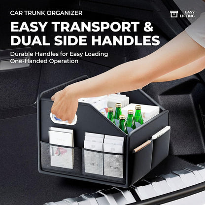 Car Front Seat Organizer - PU Leather Car Storage Box with Metal Handle, Divided Black Car Caddy Organizer for Truck/SUV/RV/Sedan, Universal Car Accessories for Trunk Front Back Seat