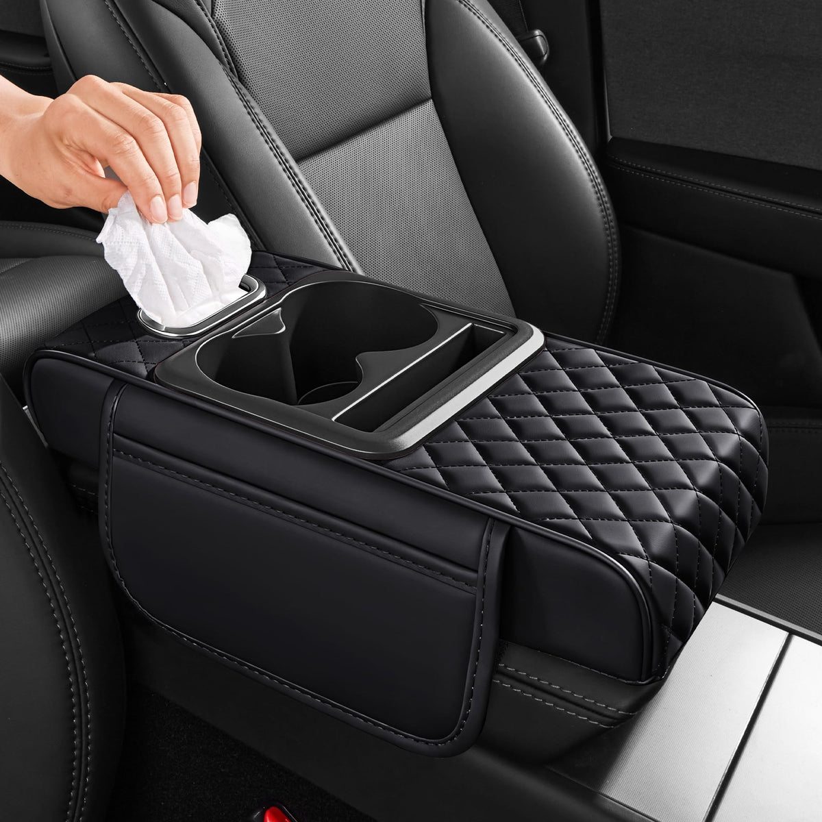 5 in 1 Nappa Leather Console Armrest Cover, Black