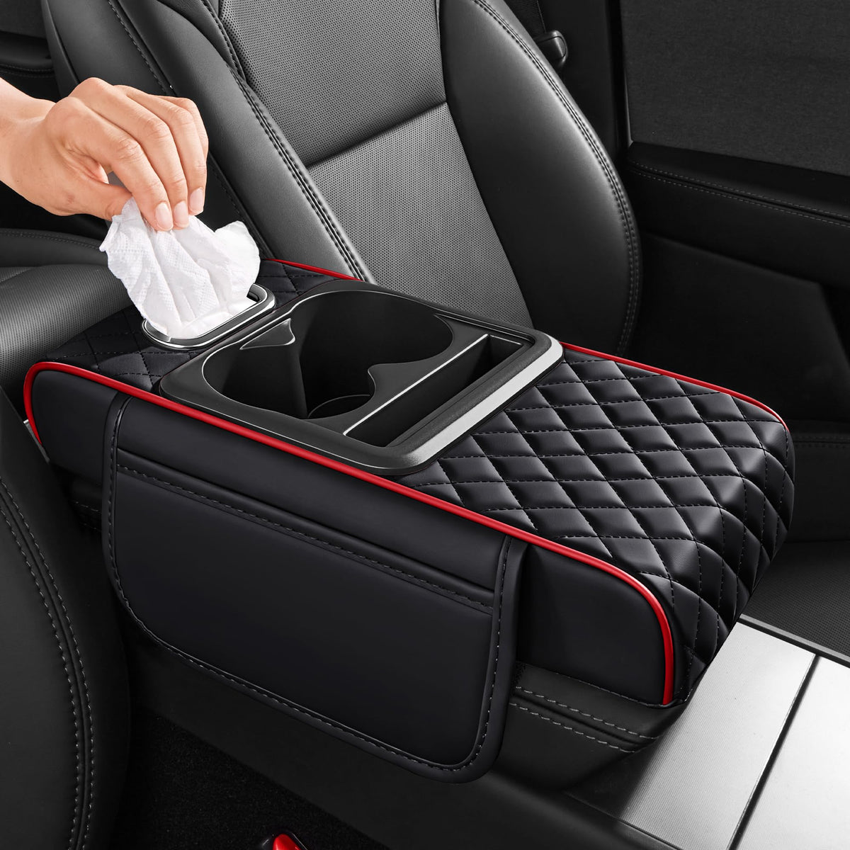 5 in 1 Nappa Leather Console Armrest Cover, Black