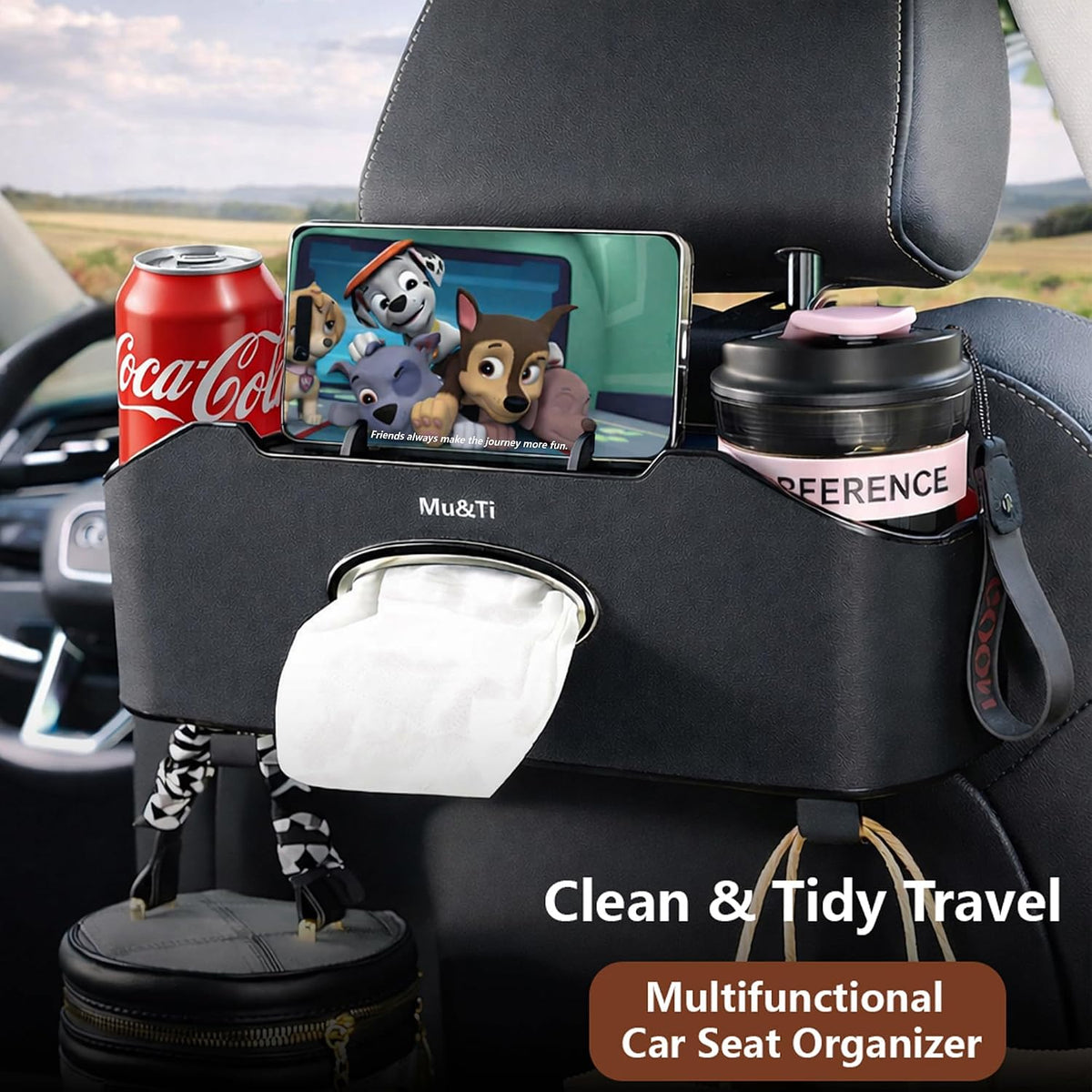 Back Seat Car Organizer with Cup Holders Tissue Box, Phone Stand and Hooks