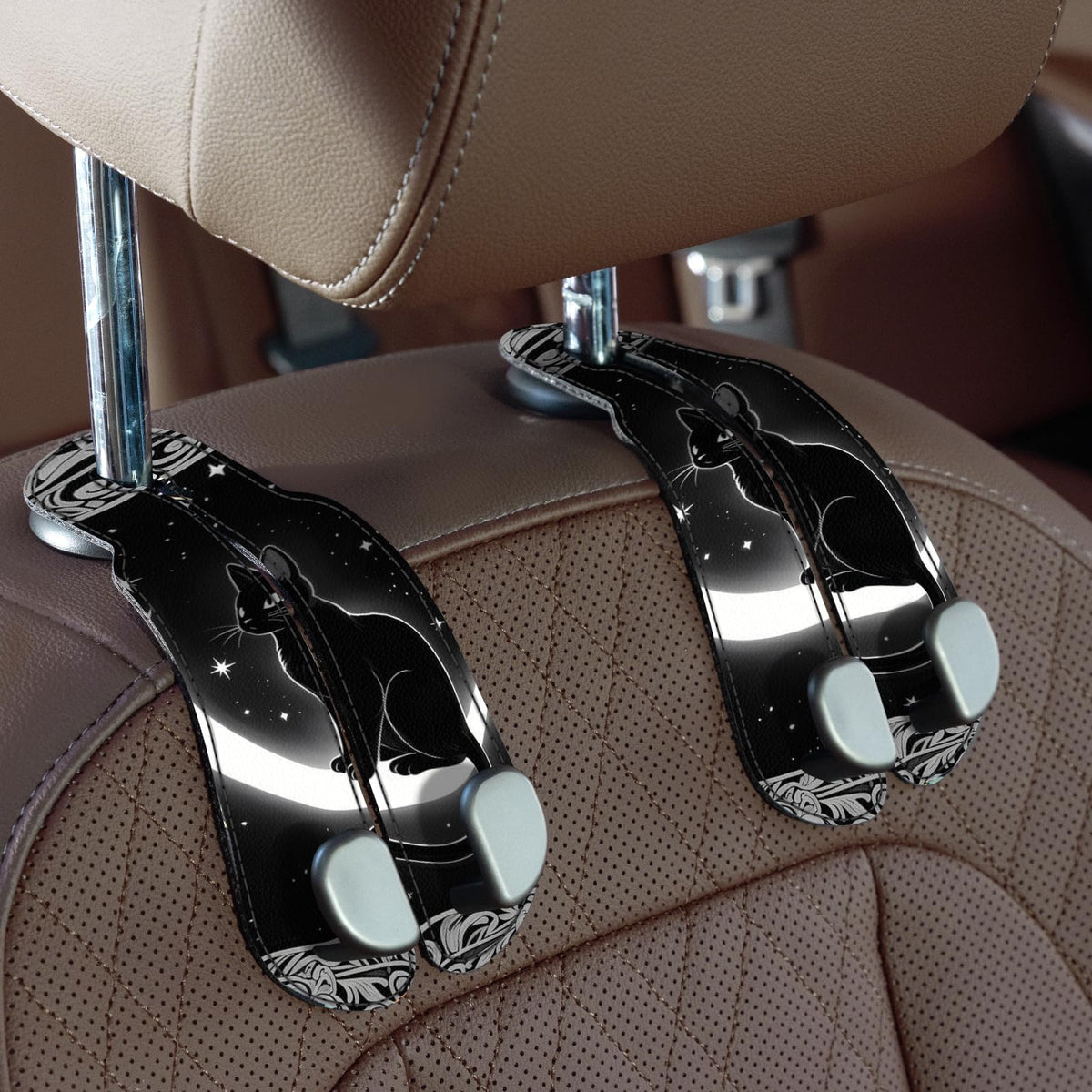 CoBak Purse Hook for Car - Universal Premium Stitched Leather and Aluminum-Magnesium Alloy Double Car Seat Back Storage Hook for Purses, Handbags, Bags (2 Pack),Black