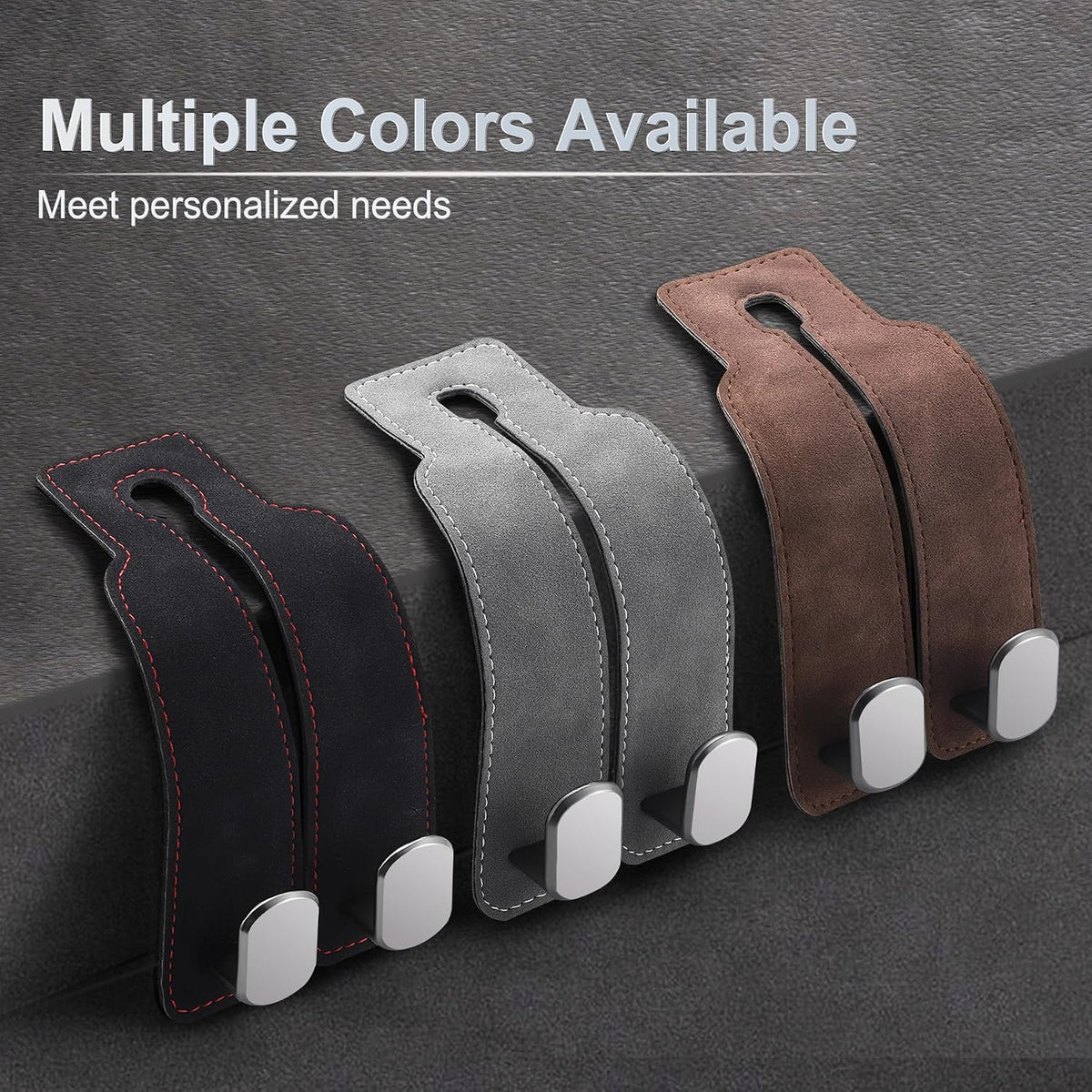 LivTee Headrest Purse Hook for Car, Seat Hook Hangers Storage Organizer for Bags and Coats Holder, Upgrade Leather Double Hook and Mobile Phone Holder for Universal Vehicle Car Accessories (Grey)