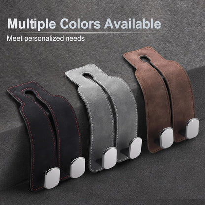 LivTee Headrest Purse Hook for Car, Seat Hook Hangers Storage Organizer for Bags and Coats Holder, Upgrade Leather Double Hook and Mobile Phone Holder for Universal Vehicle Car Accessories (Grey)
