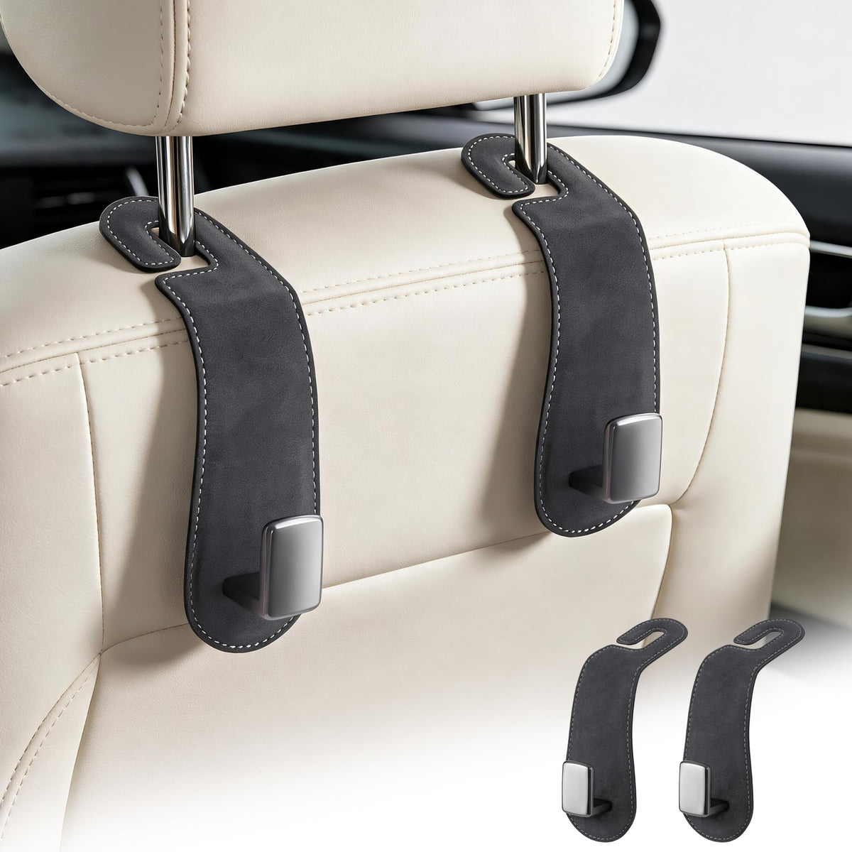 Amooca 2 Pack Car Headrest Hooks, Suede Wrapped Metal Hanger for Bags