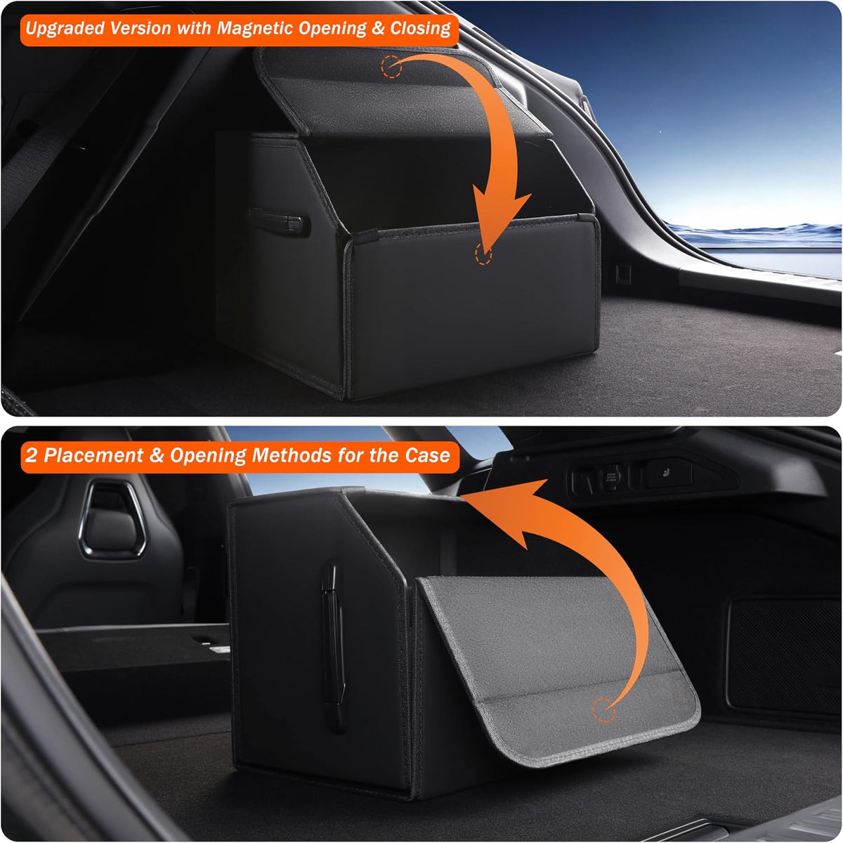 Trunk Organizer,car organizers and storage for suv,black Leather Storage Box with lid,Fiberboard,Collapsible(15''L x 13''W x 12.4''H,2K inches³)