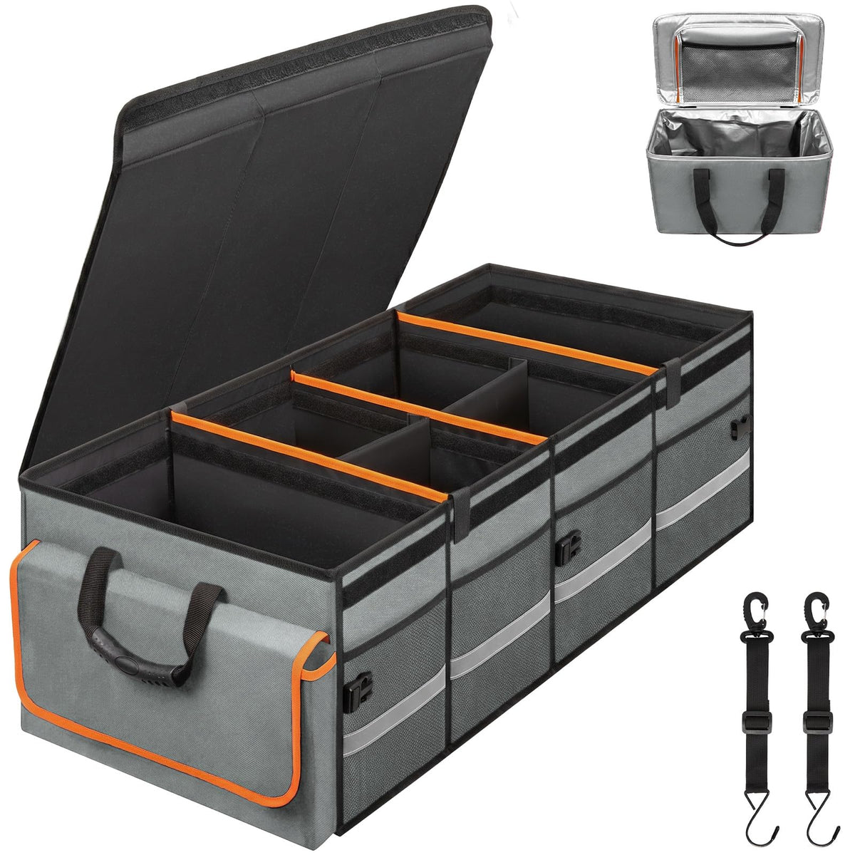Car Trunk Organizer and Storage with Lid & Removable Leakproof Cooler Bag, Car Accessories 6 Removable Dividers for Custom Space, Collapsible Large Trunk Organizers Interior for SUV Sendan with Cover