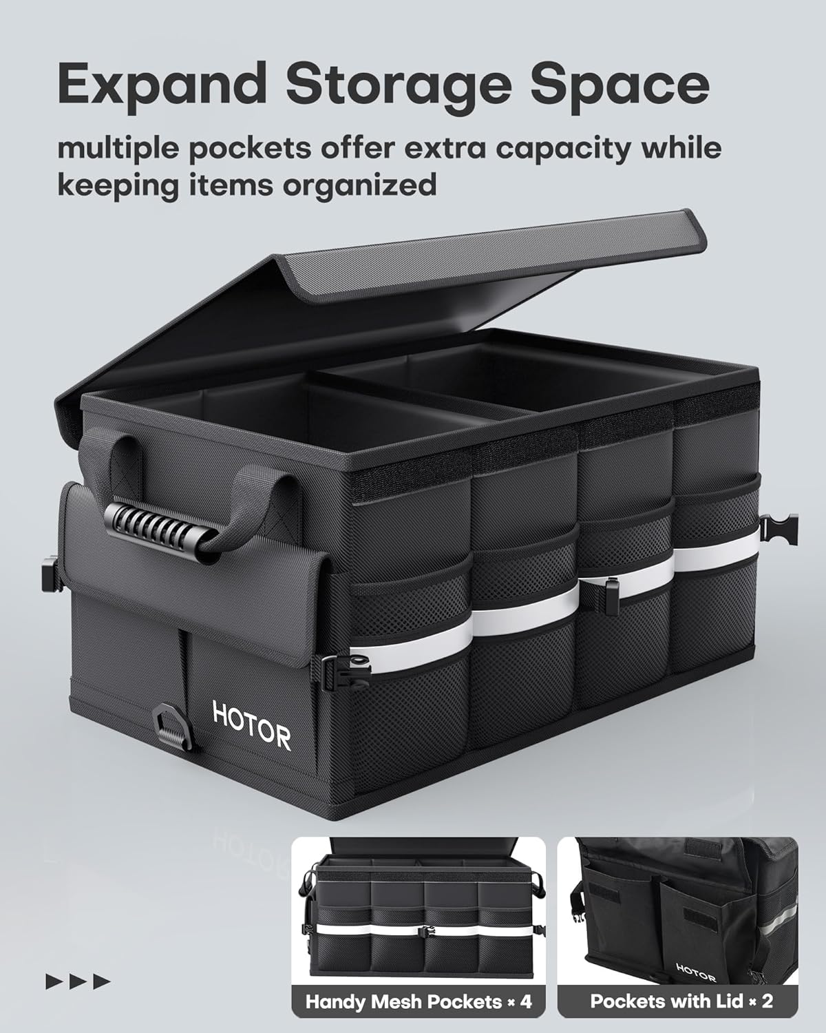 HOTOR Car Trunk Organizer - Foldable Car Storage for SUV, 2 Compartments