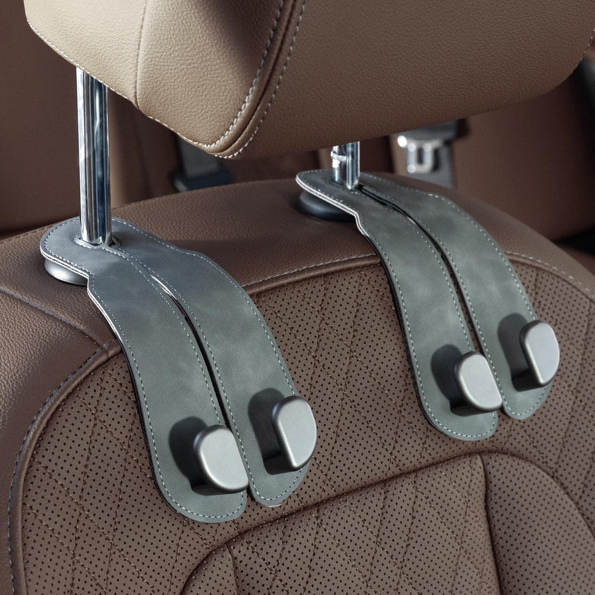 CoBak Purse Hook for Car - Universal Premium Stitched Leather and Aluminum-Magnesium Alloy Double Car Seat Back Storage Hook for Purses, Handbags, Bags (2 Pack),Black