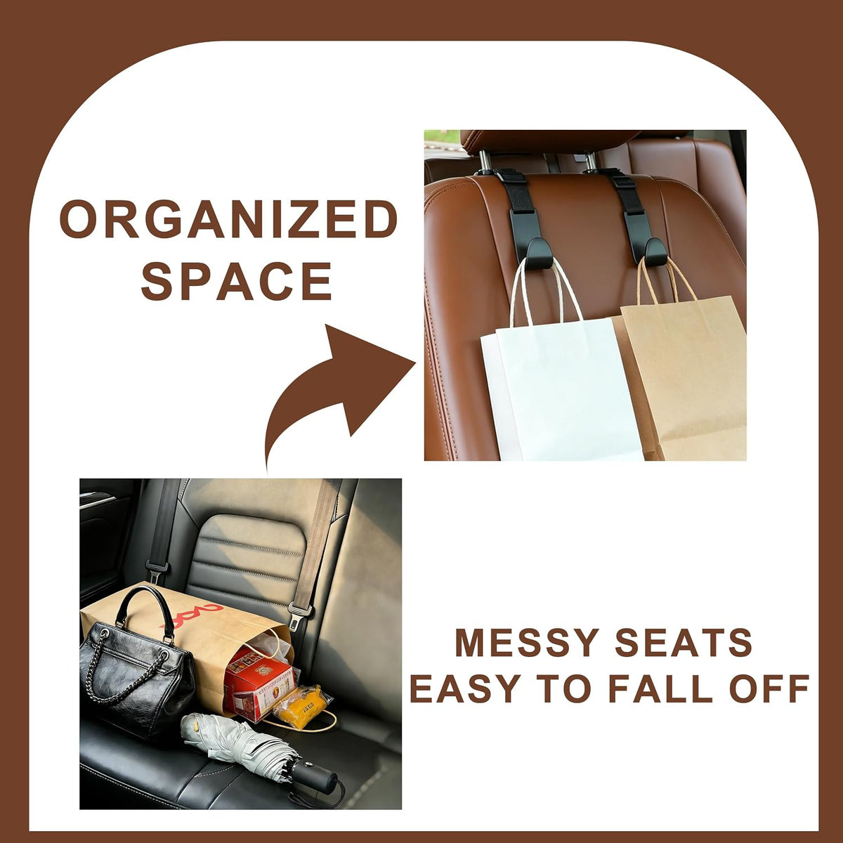 Universal Car Headrest Hooks 4 Pack, Adjustable Seat Back Organizer Hanger with Secure Clip, Black Multipurpose Holder for Purse, Bags, Coats and Grocery