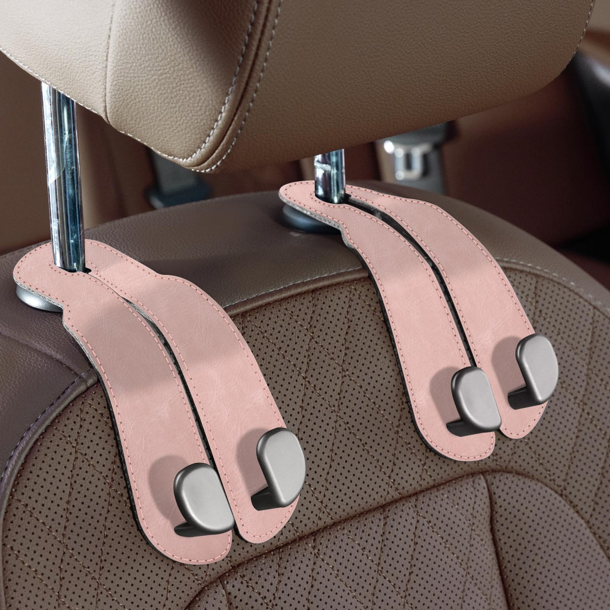 CoBak Purse Hook for Car - Universal Premium Stitched Leather and Aluminum-Magnesium Alloy Double Car Seat Back Storage Hook for Purses, Handbags, Bags (2 Pack),Black