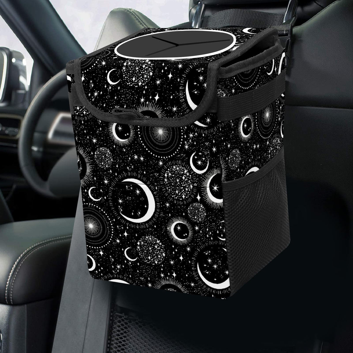 Gothic Moon Stars Boho Car Trash Can with Lid - Collapsible Reusable Waterproof Car Garbage Bag - Organizer