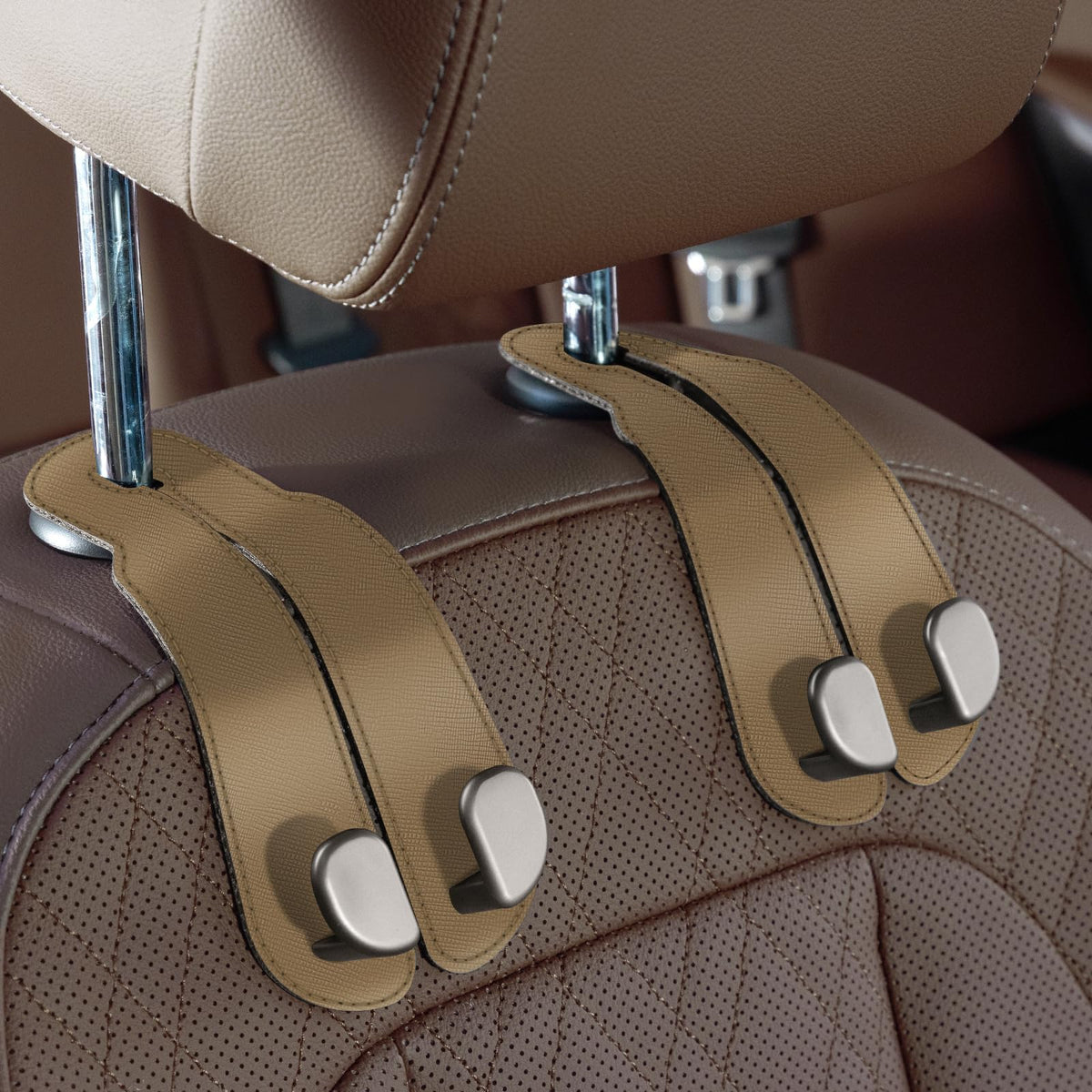 CoBak Purse Hook for Car - Universal Premium Stitched Leather and Aluminum-Magnesium Alloy Double Car Seat Back Storage Hook for Purses, Handbags, Bags (2 Pack),Black