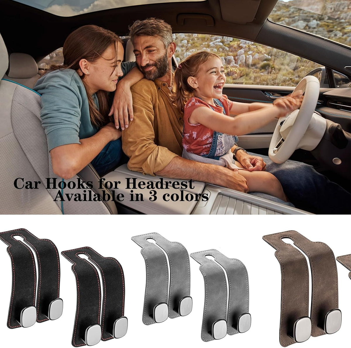 2 Pack Black Leather Car Headrest Hooks Purse Bag Storage Holders for Car Seats