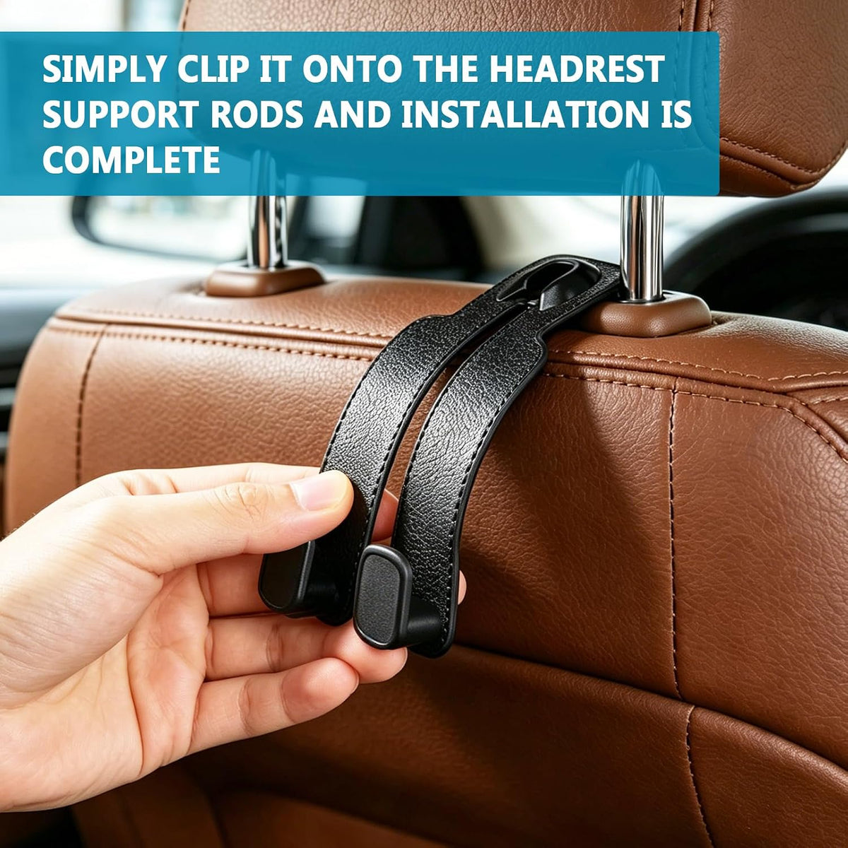 TENOC Car Seat Headrest Hooks, Multifunctional Leather Car Seat Back Organizer Hooks, Heavy Duty Car Interior Storage Accessories for Shopping Bags, Groceries, Clothes, Handbags