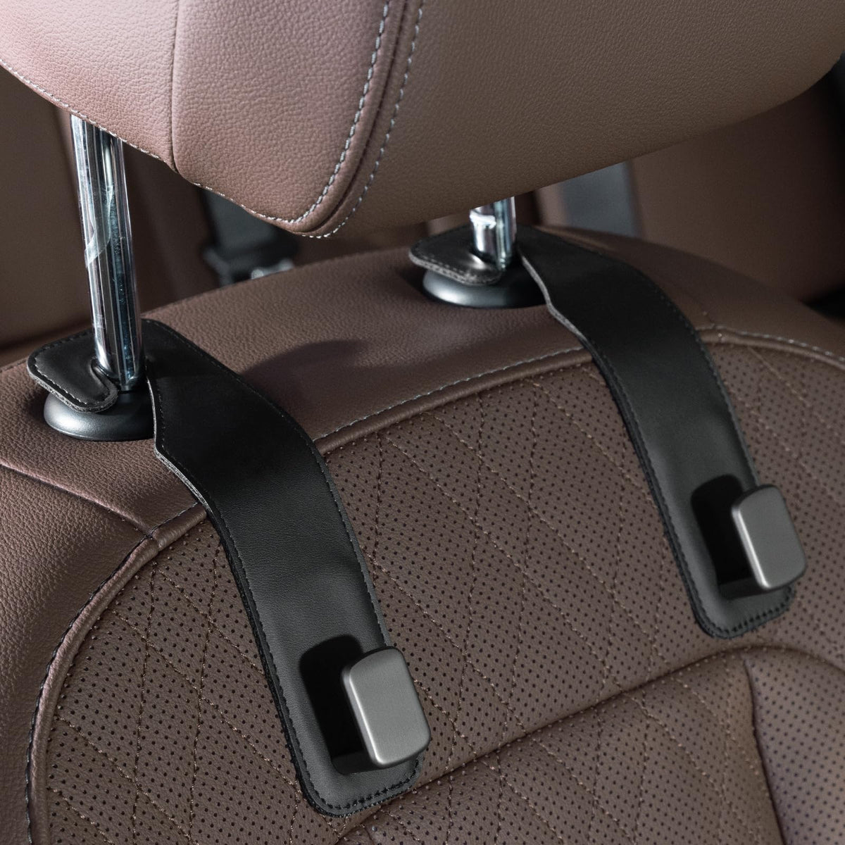 CoBak Purse Hook for Car - Universal Premium Stitched Leather and Aluminum-Magnesium Alloy Double Car Seat Back Storage Hook for Purses, Handbags, Bags (2 Pack),Black