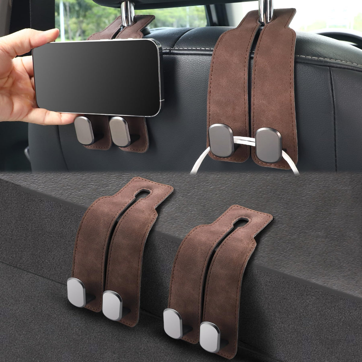 LivTee Headrest Purse Hook for Car, Seat Hook Hangers Storage Organizer for Bags and Coats Holder, Upgrade Leather Double Hook and Mobile Phone Holder for Universal Vehicle Car Accessories (Grey)