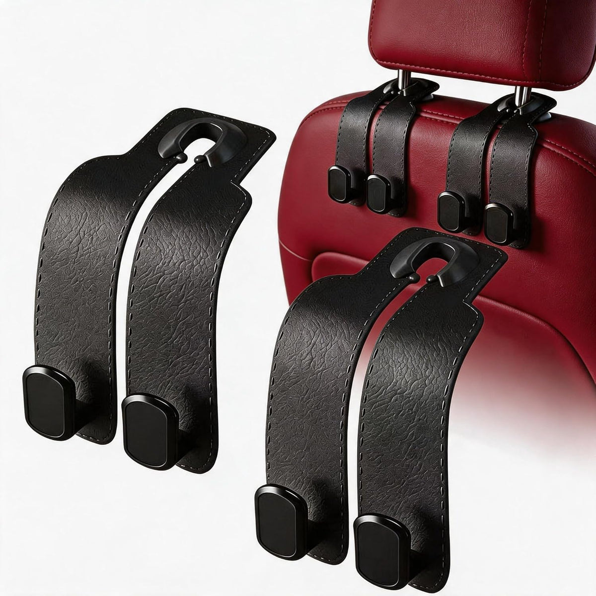 Car Seat Headrest Hooks for Purses and Bags, 4-Pack Heavy Duty Car Seat Hooks with Anti-Slip Pad, Universal Car Backseat Organizer Hanger Accessories for Grocery Bags (Black)