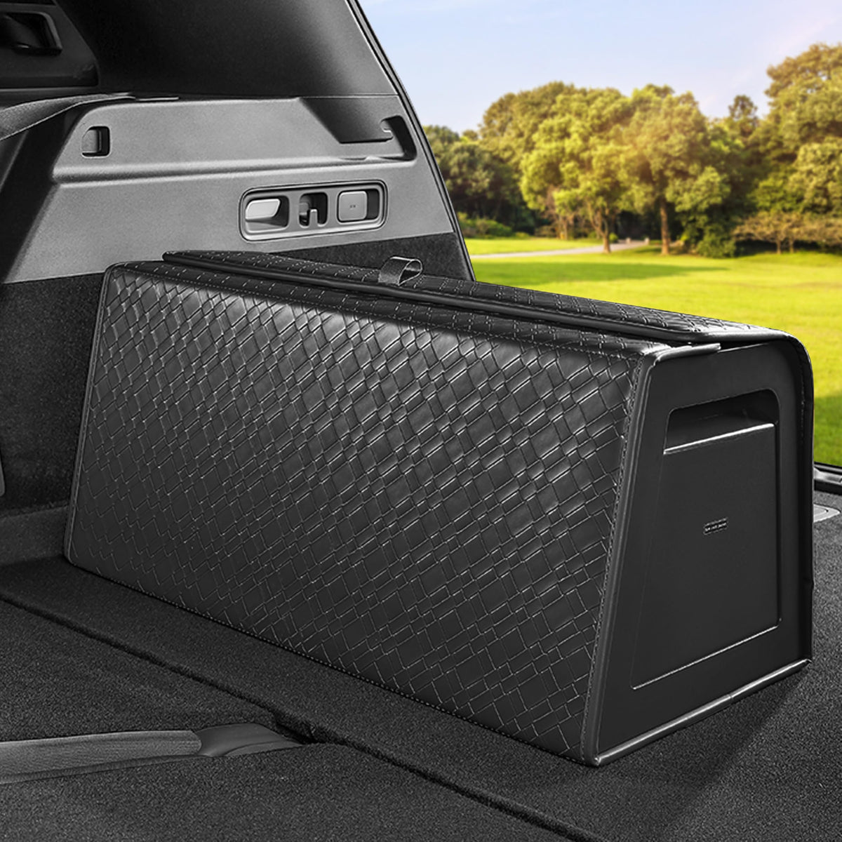 Trunk Organizer,car organizers and storage for suv,black Leather Storage Box with lid,Fiberboard,Collapsible(15''L x 13''W x 12.4''H,2K inches³)