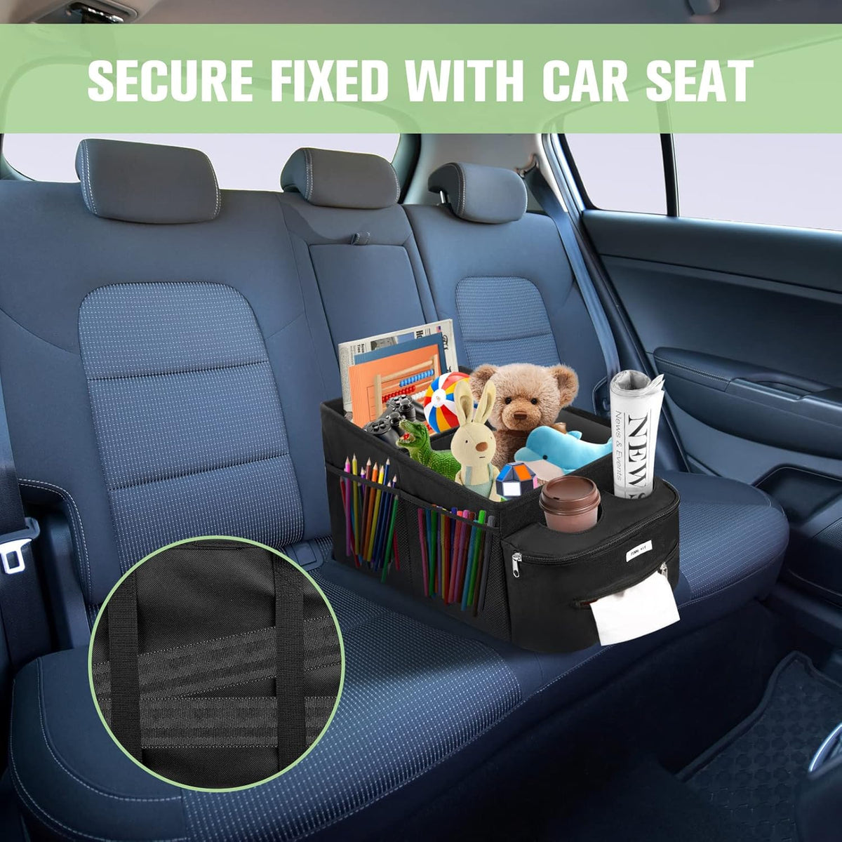 FUNNy elf Passenger Seat Organizer with Partitions & 4 Cup Holders